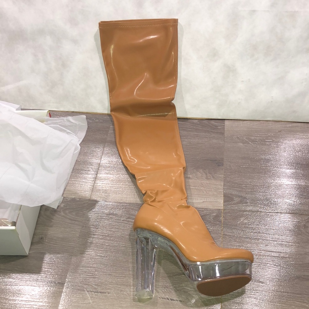 Privileged Tan Heeled Stretch Boots with Clear Block Heel New